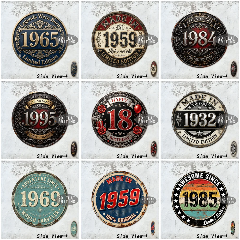 2D Flat Round Metal Tin Sign Vintage Retro Limited Edition Year Number Birthday Floral Travel World Map Rainbow Letter Text Wa