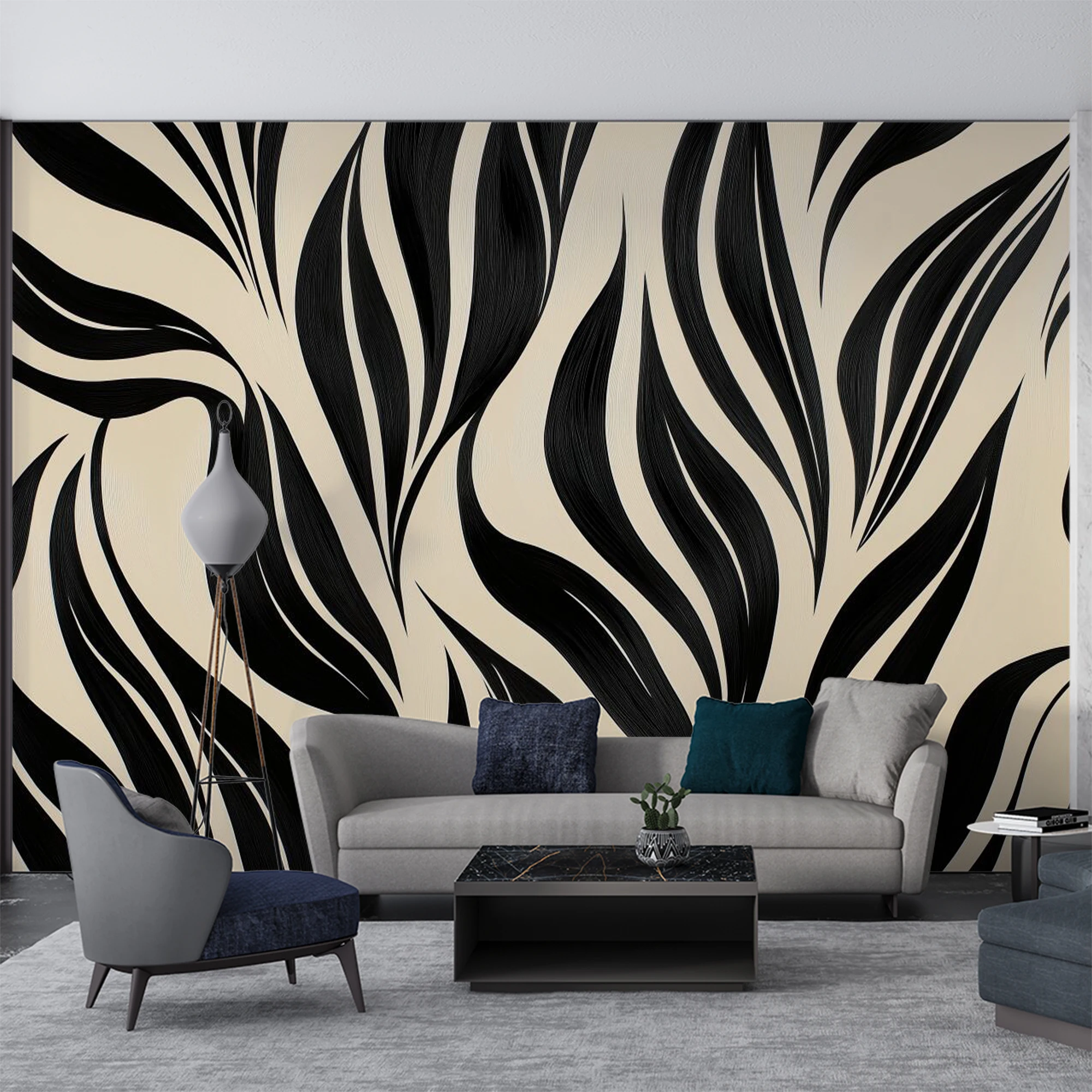 Custom Size Wall Mural Vintage Black Swirl Leaf Wallpaper, Minimalist Abstract Line Plant l for Home Background Wall Decoration