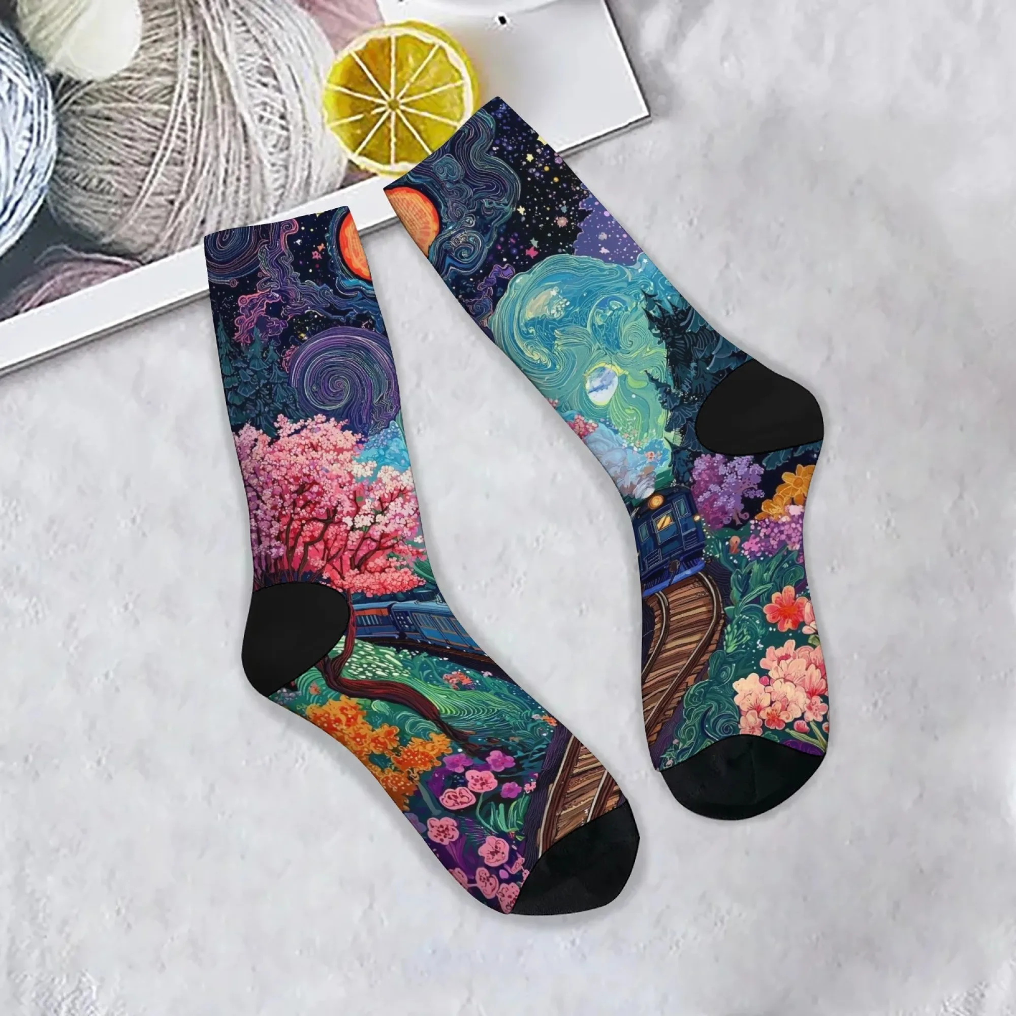 Fantasy Floral Train Men's Socks Harajuku Retro Style Casual Fashion Sports Socks Unisex Gift Novelty Funny Abstract Art Socks