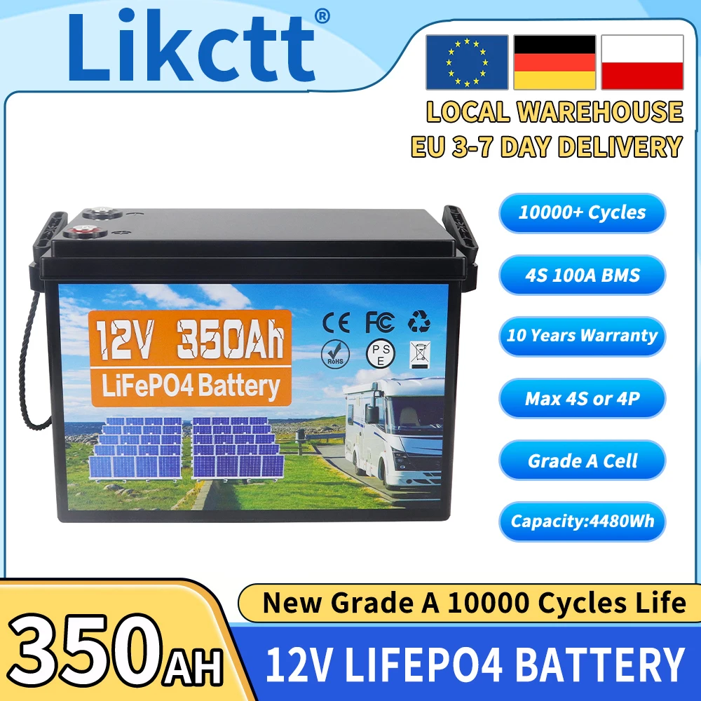 12V 350Ah LiFePO4 Lithium-Batterie mit 100A BMS, 10000+ Zyklen für Wohnmobile, Offroad-Fahrzeuge, netzunabhängige Angelboote, Solarsystem-Batterie