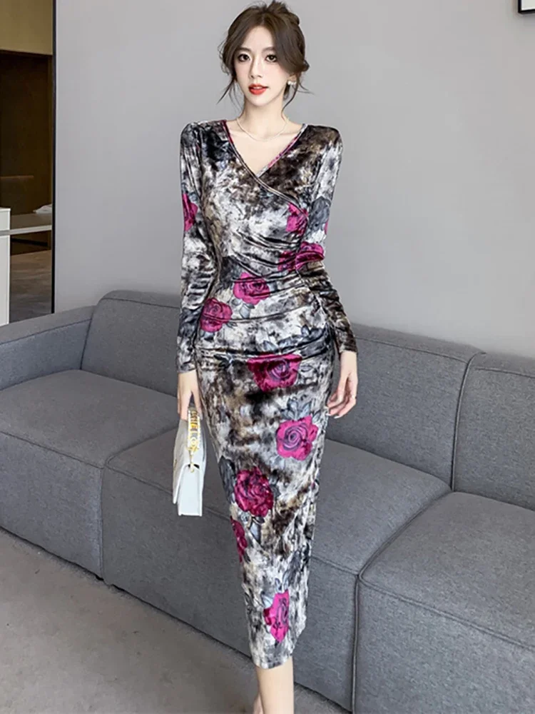 

2023 Floral Velvet V-Neck Luxury Long Dress Women Elegant Dance Party Dress Autumn Winter Korean Vintage Bodycon Evening Dresses