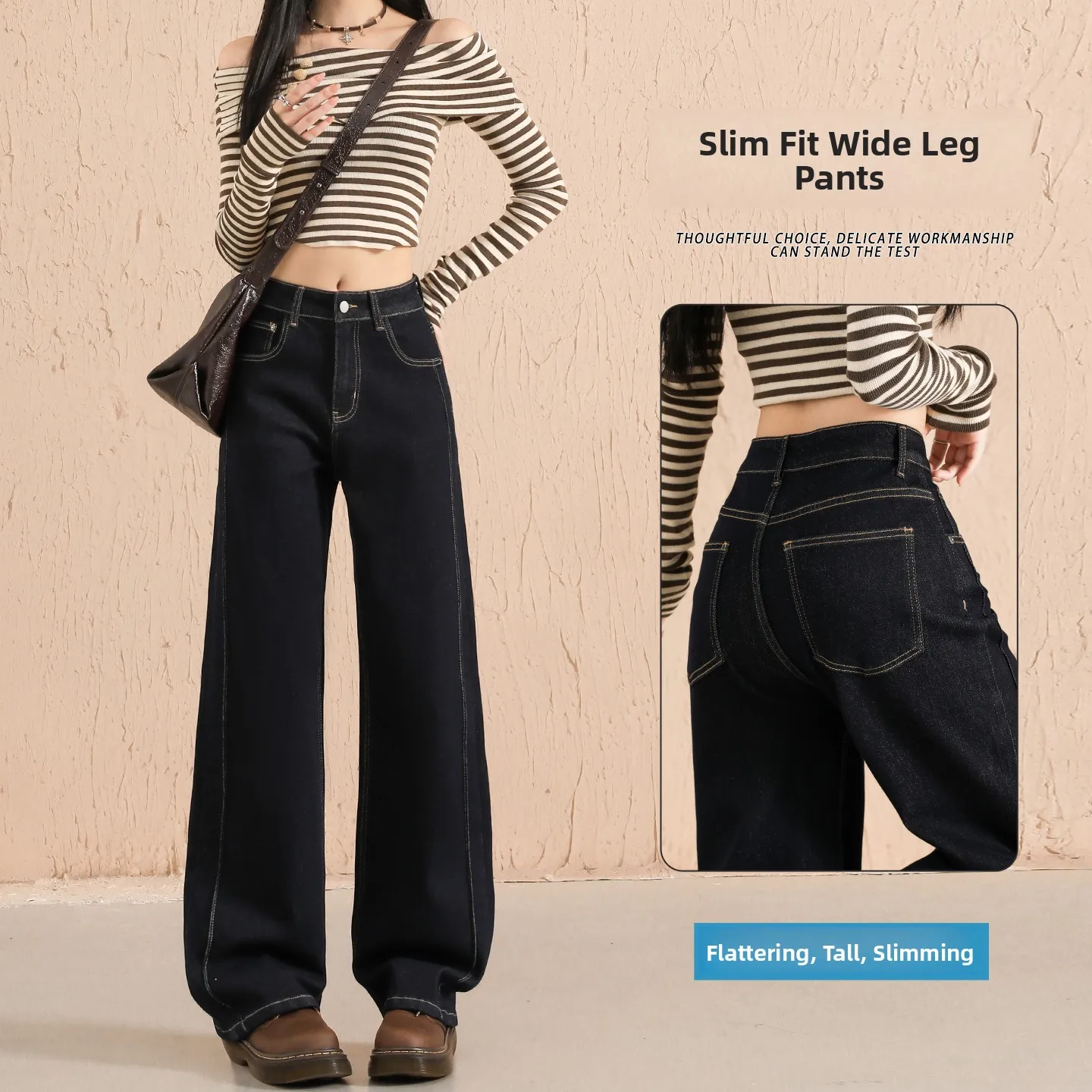 

High Waist Wide Leg Denim Jeans Women's Loose Slimming Drapey Straight Cut Trousers Autumn New Sle Deep Blue Cotton Stretch