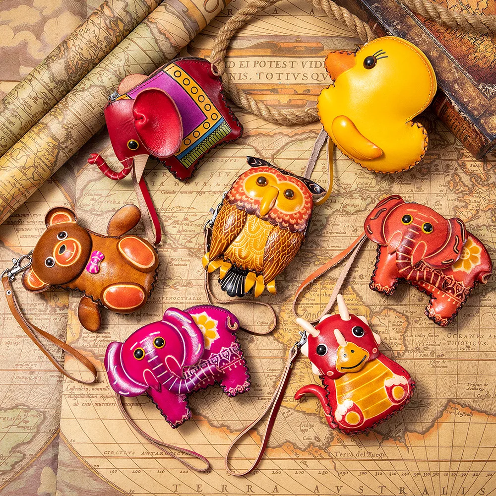 Handmade Cow Leather Coin Purse Zodiac Animal Storage Bag Genuine Leather Wristlet Key Pouch Mini Change Wallet For Women