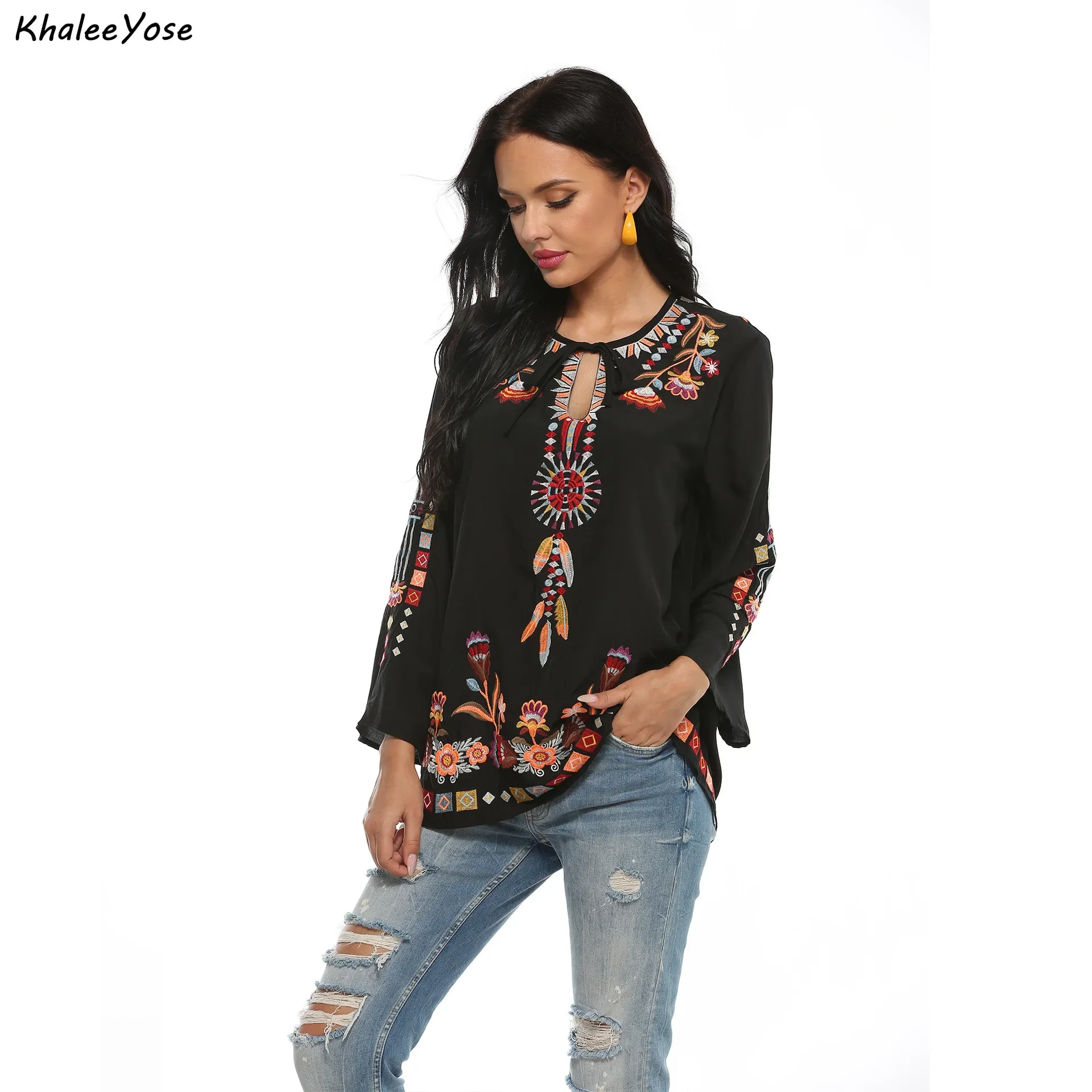 KHALEE YOSE Black Boho Embroidery Blouses Shirt Women Autumn Spring Mexican Shirt Long Sleeve Hollow Out 23xl Ethnic Chic Shirt