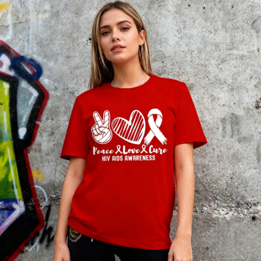HIV AIDS Awareness Shirt Peace Love Cure Tee Red Ribbon World Aids Day T-Shirt Motivational TShirt Men Women Casual Streetwear