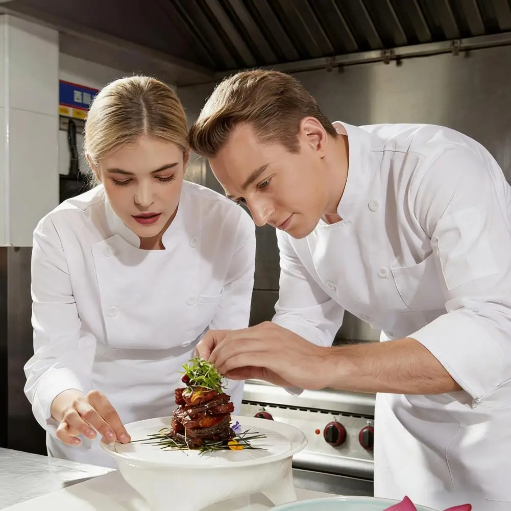 Durable Chef Jacket Chef Uniform Jacket with Stand Collar Double-breasted Button Design Roll-up Cuffs Chest Pocket Professional