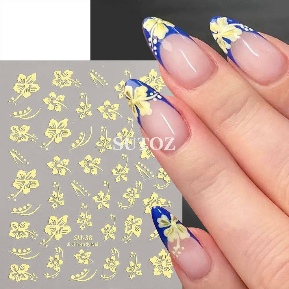 3D Blue Hibiscus Nail Art Stickers Yellow Hawaiian Flowers Decals Golden Floral Sliders For Nail Charms Manicure Decors LEBSU-38