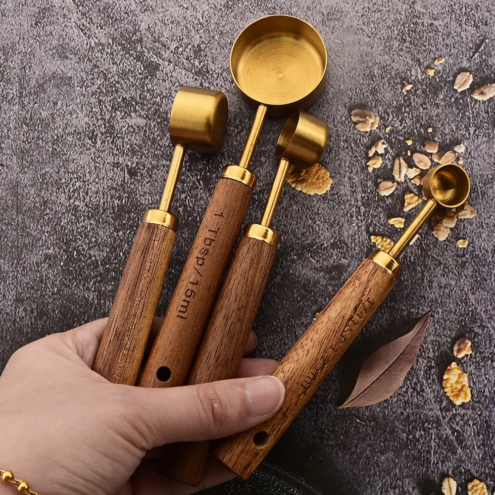 Wooden Handle Stainless Steel Measuring Cups Spoons Set 2