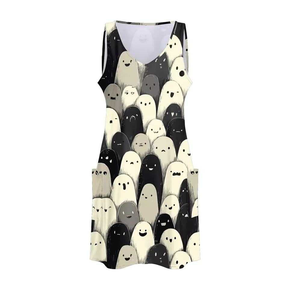 

Ladies Halloween Printed Vest With Shoulder Straps And No Cuff Pocket Swing Dress Women'S Plus Size Casual Dress