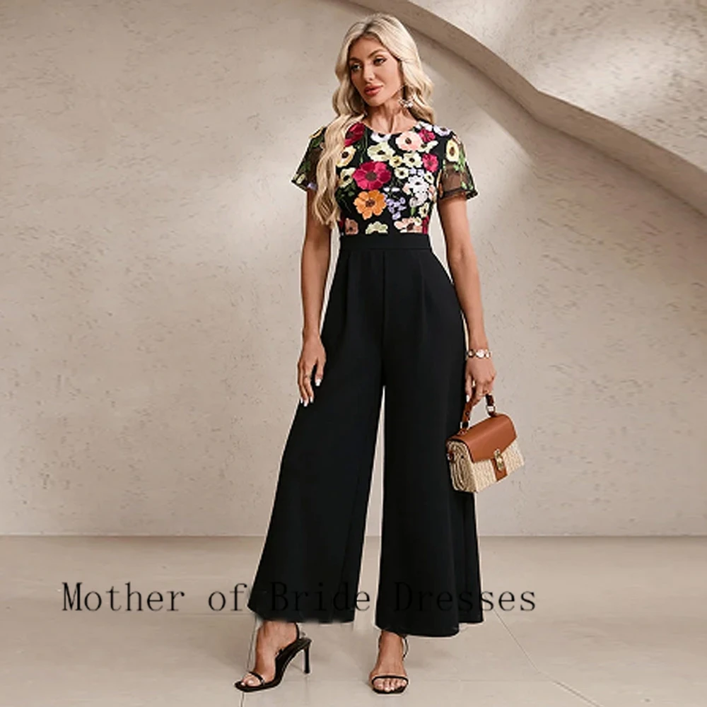 Black Scoop Mother of Bride Dresses with Applique Short Sleeve Wedding Party Dresses for Women 2025 Summer Chiffon Beach Robe