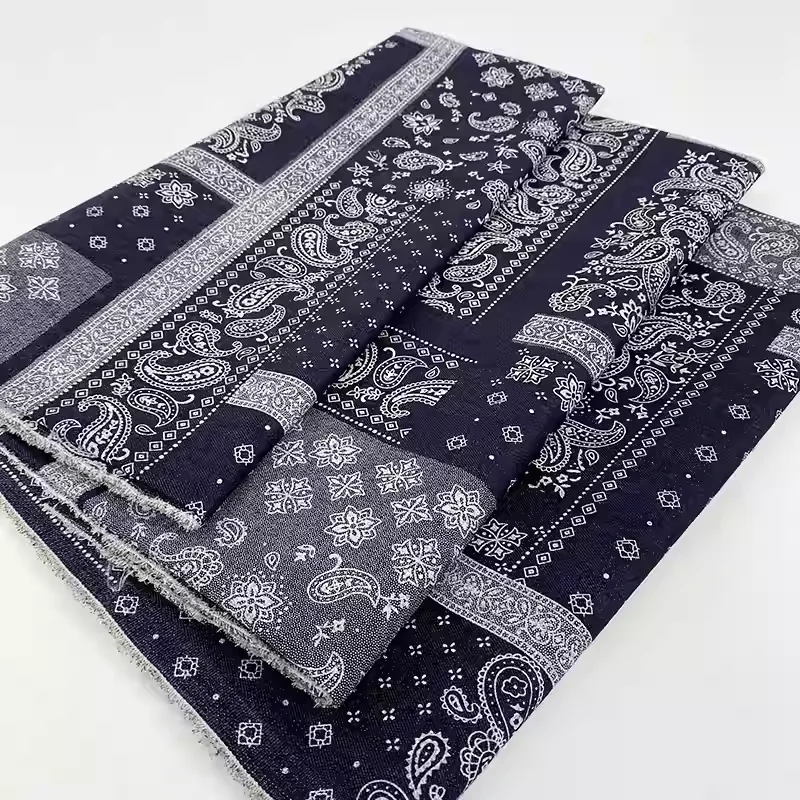 Blue Cashew Flower Ethnic Print Denim Fabric Washed Thick Material Handmade Jacket Pants Clothing Design Fabric