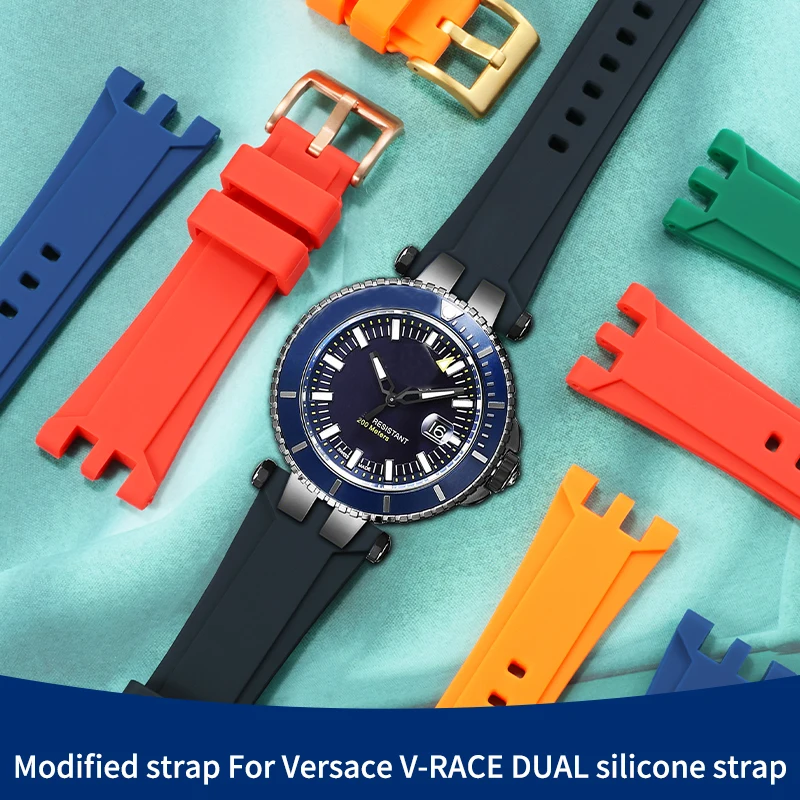 Pulseira de substituição para versace V-RACE série dupla relógio de borracha de silicone especial côncavo pulseira à prova dwaterproof água 24mm