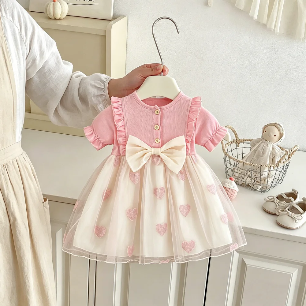 Girl Dress Summer Love Mesh Short Sleeve Baby Girl Dress Cute Princess Baby Dress Baby Girl Clothing ﻿