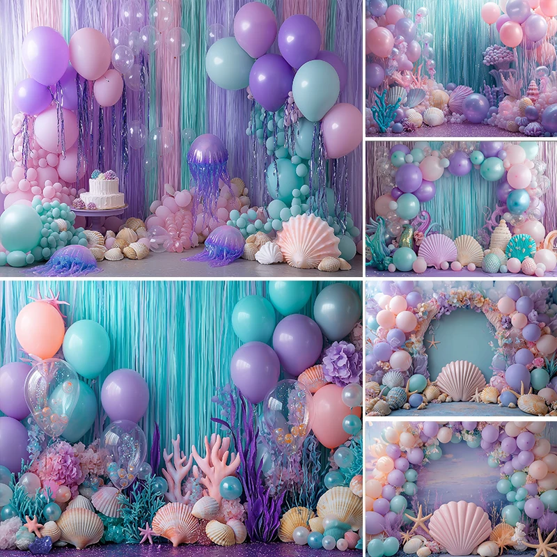 

LS Mermaid Party Backdrops Kids Baby Birthday Cake Smash Props Elements From The Underwater World Shell Balloons Backgrounds