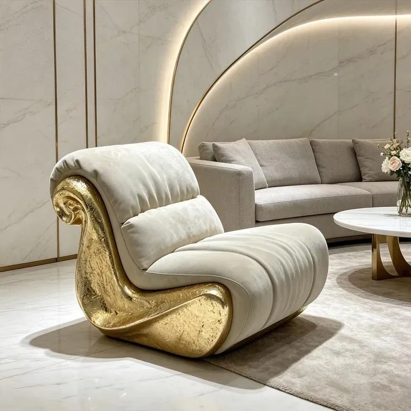 Luxury Single Sofa Chair Gold Sculpture Frame Light Gray Cloud Shaped Upholstered Armchair Modern Home Decoration Living Room