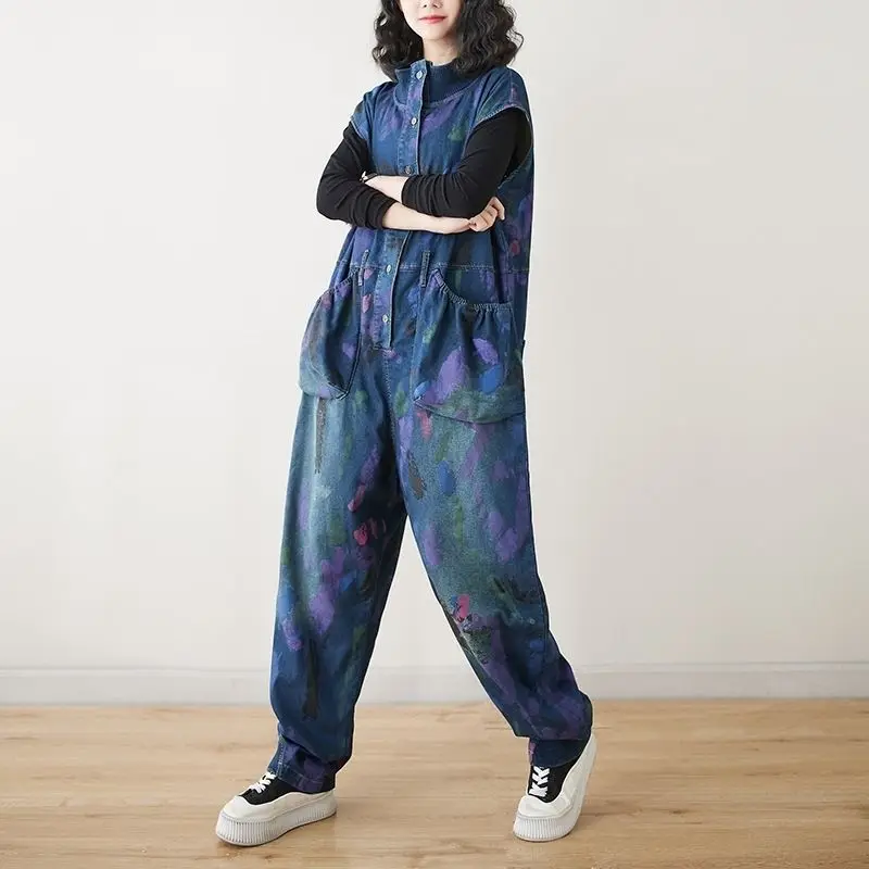 

Spring and Summer New Women's Denim Jumpsuit Loose Print Harem Jumpsuit
