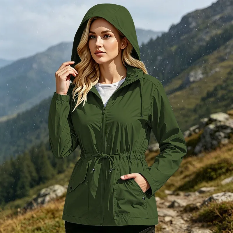 Women Hooded Outdoor Windproof Jacket Drawstring Waist Slim Multi‑Pocket Loose Lightweight Waterproof Spring Autumn Casual