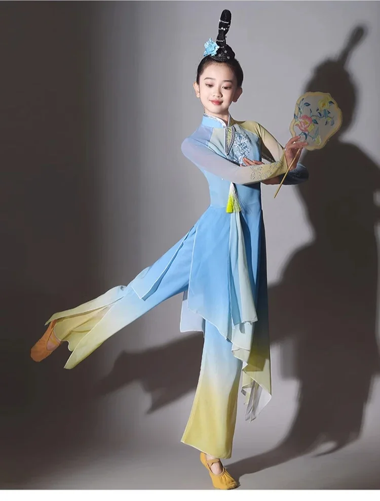 Chinese Stijl Volksdans Klassieke Yangko Kleding Prestaties Kostuums Meisjes Oefenkleding Kinderen Elegante Fan Dans