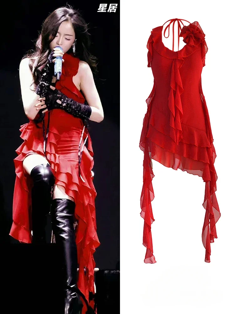 

Women Group Kpop Dance Outfit Red Backless Halter Sling Floral Dress Jazz Dance Clothes Stage Singer Costume Hip Hop Dance Suit