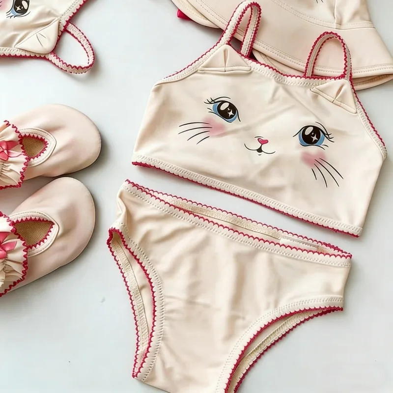 2026 Summer Girls Swimwears Cute Cat Girls Sling One Piece Two Piece Swimsuit Baby Kids Beach Swimwear Bikini Girl Swimsuits