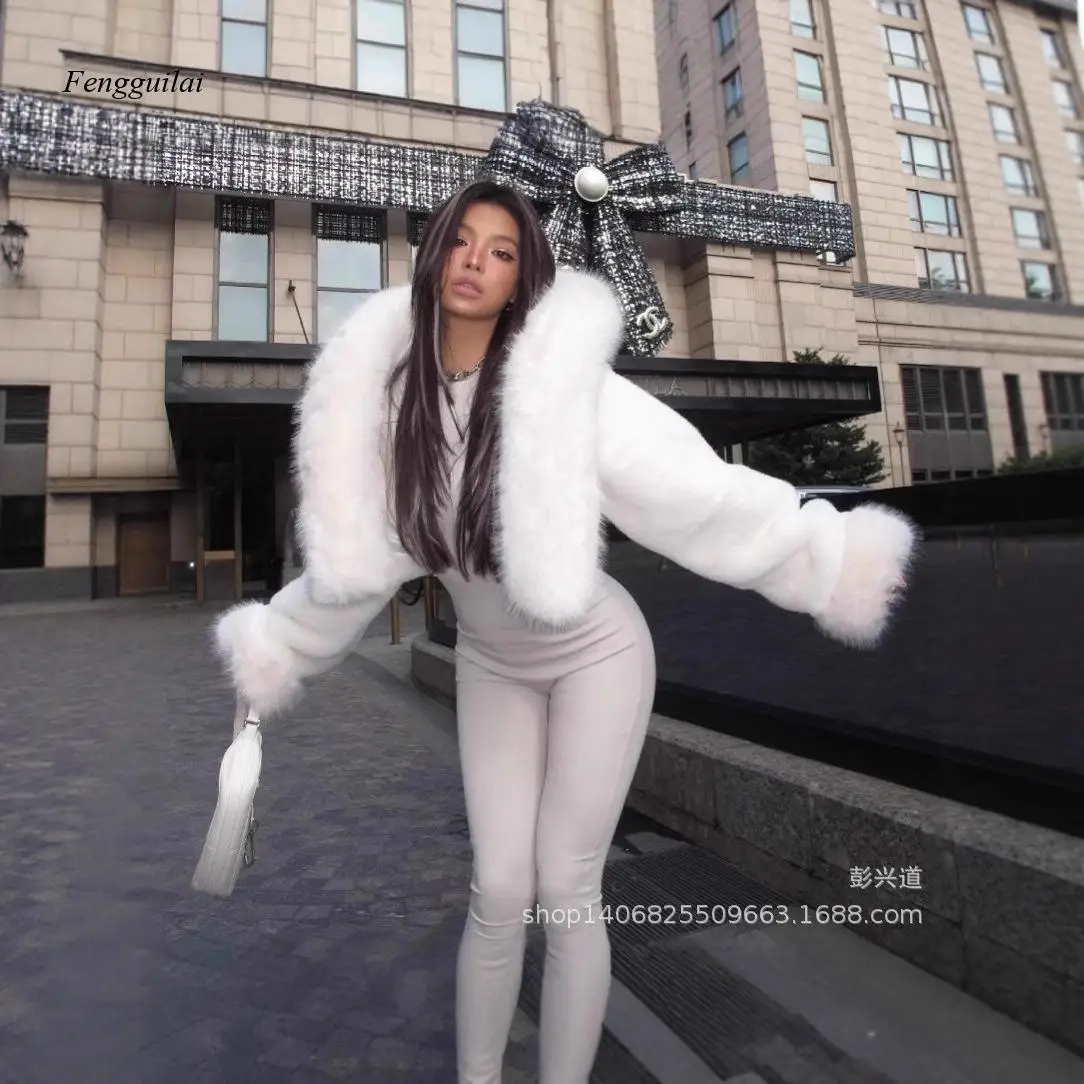 Women's White Faux Fur Cropped Jacket, Oversized Hooded Fluffy Shrug with Cuffs, Luxury Winter Party Outerwear 2026