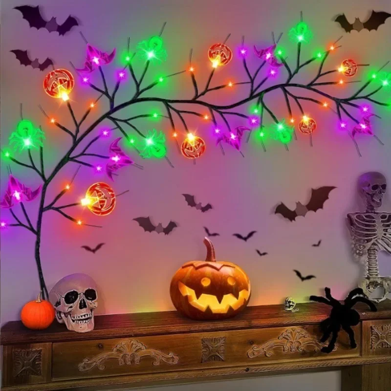أضواء الهالوين الزخرفية شريط عبر الحدود ترتيب جو احتفالي أضواء الكرمة اليقطين الخفافيش أضواء فرع مقلد