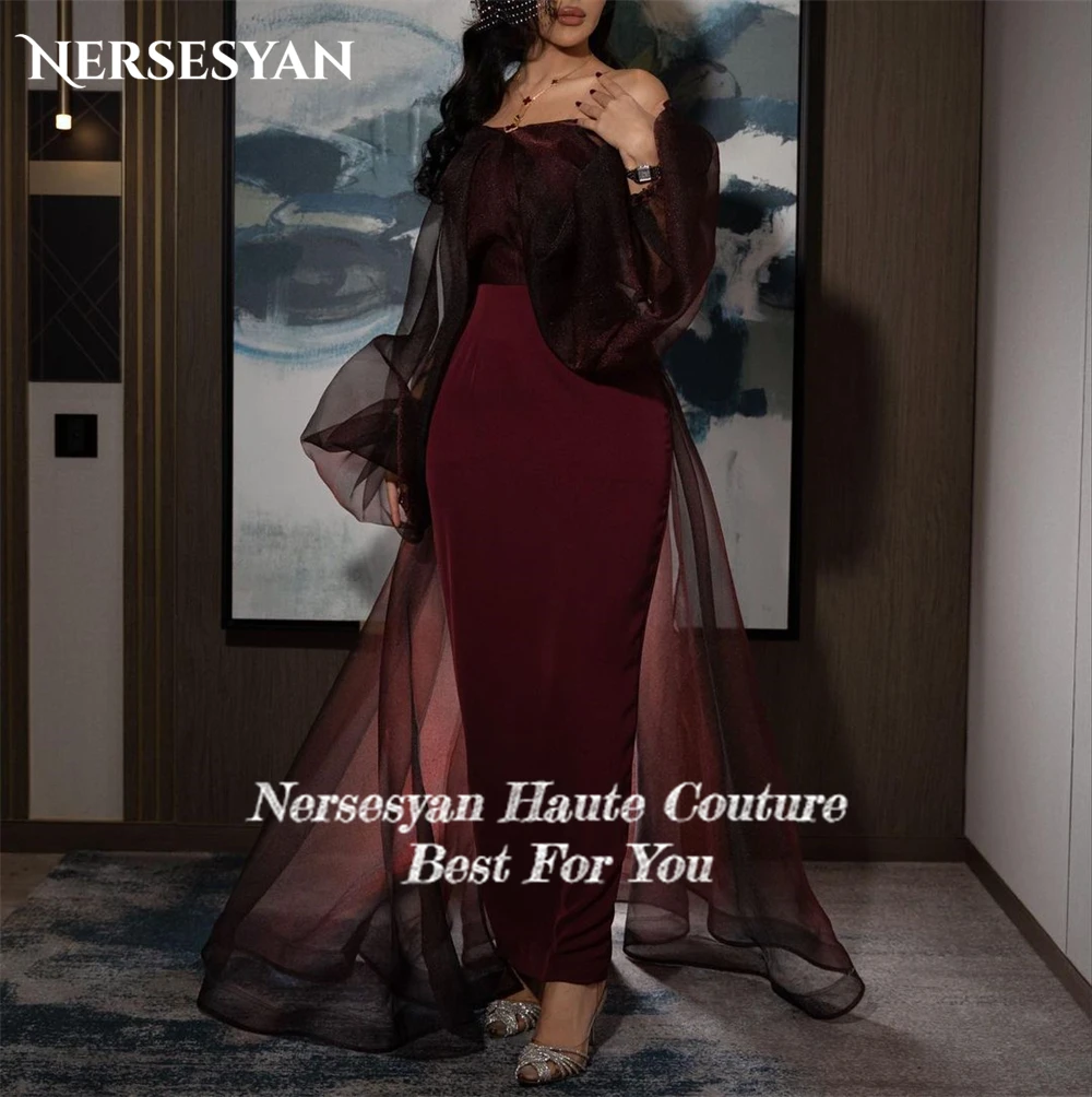 Nersesyan Burgundy Elegant Evening Dresses Bodycon Off Shoulder Puff Sleeves Prom Dress Backless Tulle Train Party Gowns 2024