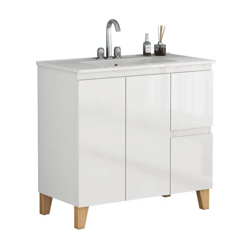 Meja Rias Kamar Mandi Modern 36-Inci dengan Kombinasi Wastafel 3 Lubang, 2 Pintu & 2 Laci, Sistem Tutup Lembut, Desain Tanpa Pegangan, Kayu Alami