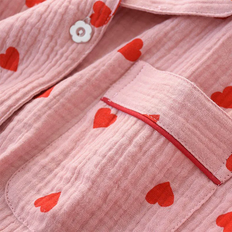 Conjunto de pijamas con estampado de corazón para mujer, ropa de casa de algodón crepé, doble capa, gasa, cuello vuelto, pantalones de manga larga,