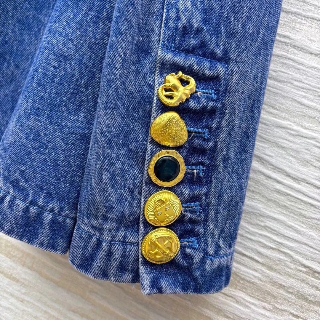 Snowflake Washed Denim Suit Jacket 2025 New Autumn Notched Patchwork Gold Single Breasted Pockets Chic Blazer