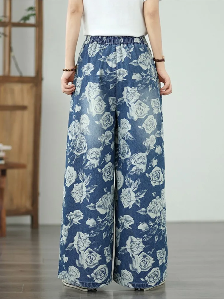 特大ジーンズ弾性ハイウエスト夏のパンツ女性の花花柄 Modis 女性のズボンカジュアルルーズワイドレッグ女性パンツ