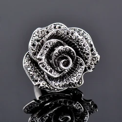 SINLEERY Retro Big Black Crystal Rose Flower Rings For Women Vintage Antique Silver Color Wedding Jewelry New Design