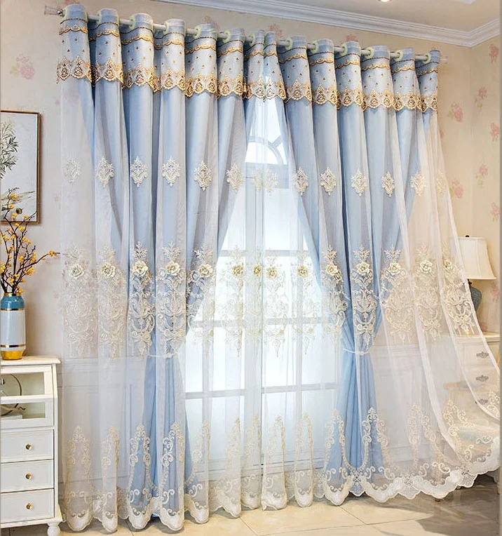 1pc Full Blackout Double-Layer Curtains with Sheer in Cream Color Luxurious Embossed Embroidered Design for Bedroom and Living R
