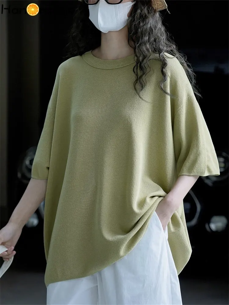 

HanOrange 2024 Summer Simple Lazy Knitted Short Sleeve T-shirt Women Loose Comfortable Tees Female White/Black/Chartreuse/Pink