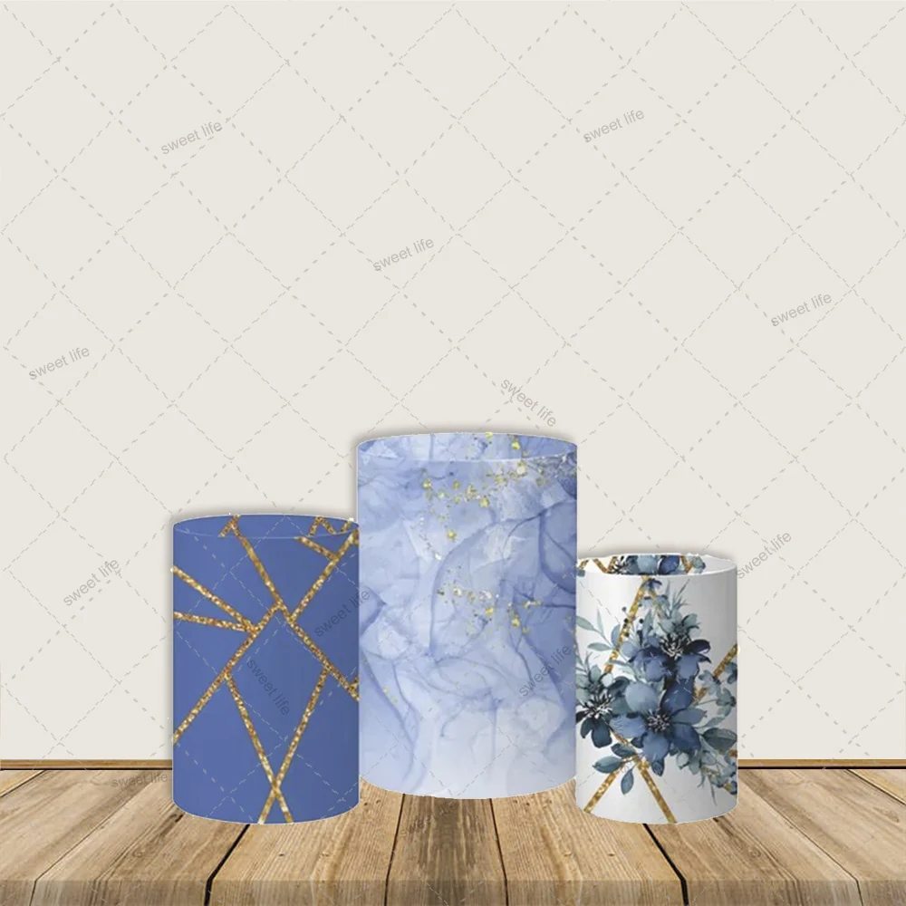 

Blue Flower Pedestal Covers Wedding Birthday Party Decor Cloth Plinth Cylinder Fabric Photo Props