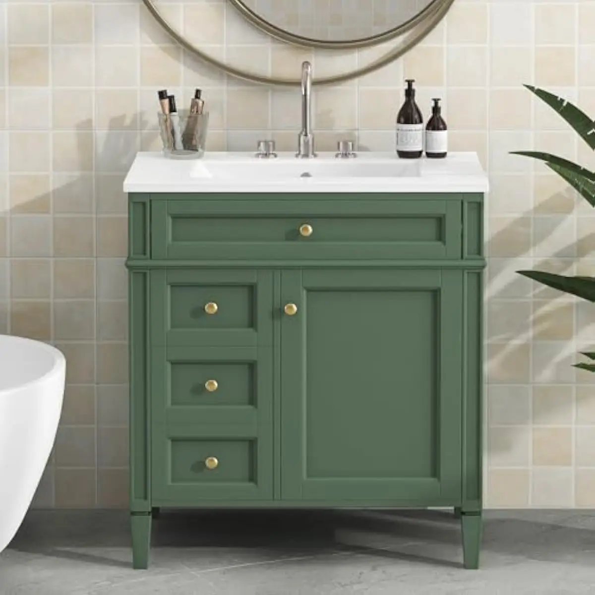 30 Inch Modern Bathroom Vanity with Ceramic Sink Engineered Wood Construction Soft Close Doors Tip Out Drawer Dual Storage Drawe