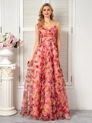 Lucyinlove-luxuoso vestido floral rosa com decote em v para mulheres, elegante vestido de tule, festa de casamento, baile de baile