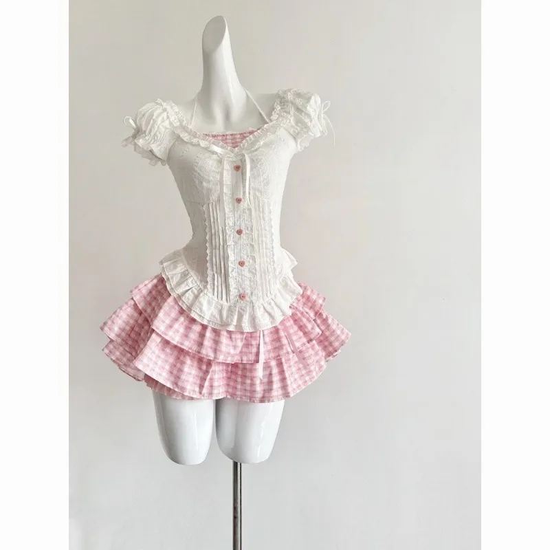 

Women Blouse Skirt Two-piece Set Shirt Sweet Fitted Checkered New Minimalist Comfortable Fashionable Niche Luxurious Casual Fit