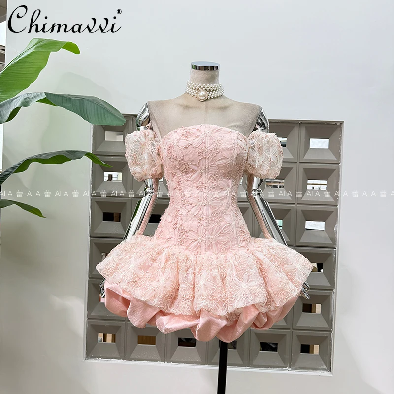 

French Elegant Sweet Socialite Birthday Party Dresses Sleeveless Off-Shoulder Puff Sleeve Fishbone Slim Puffy Short Dress Women