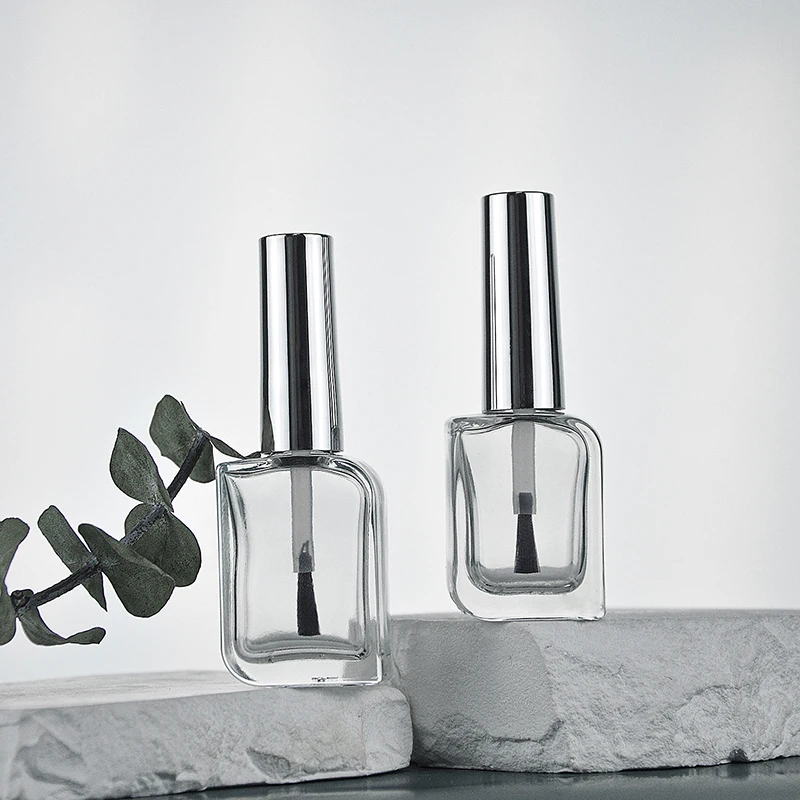 Frasco de esmalte com tampa, Escova Cosméticos Recipientes, Garrafas De Vidro Com Escova, Tampa Dourada e Prateada, 15ml