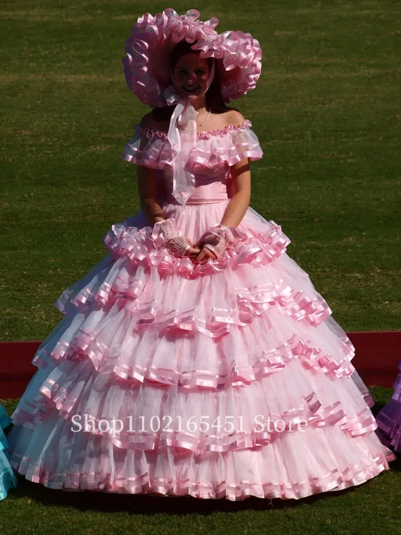 

Victorian Quinceanera Dresses Pink Princess Southern Belle Party Dress Tiered Skirt Sky Blue Civil War Prom Dress Lace-up