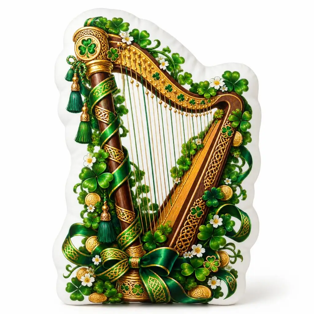 St Patricks Day Celtic Harp Throw Pillow Irish Shamrock Cushion Stuffed Decorative Pillow for Sofa Home Decor Gift Accent