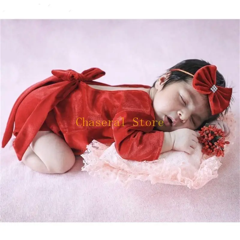 E7CE Infant Photography Props Long Sleeve Romper Bow Headdress Baby Photo Suit Photoshooting Clothes Newborn Shower Gift 2pcs