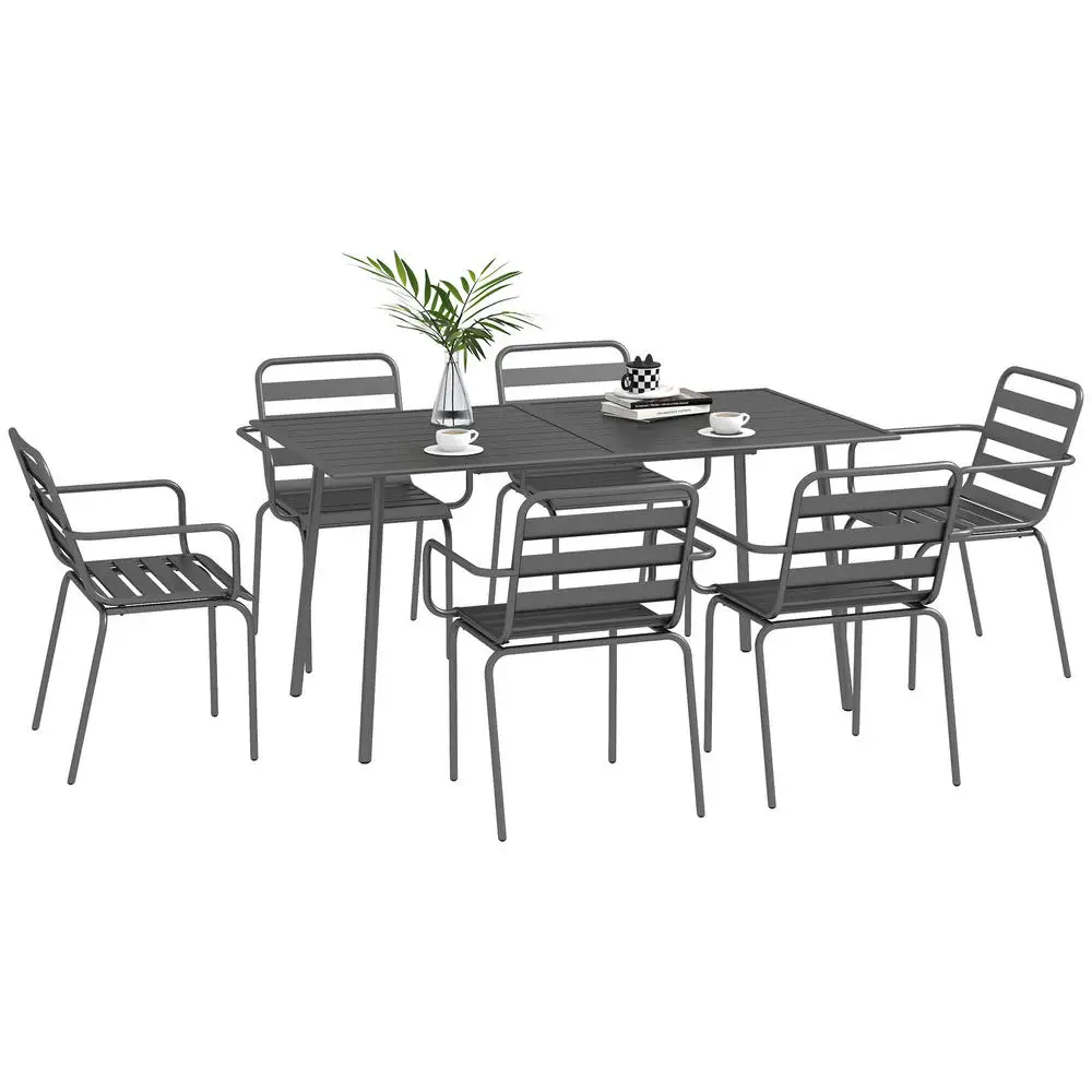 Ensemble de salon de jardin 7 pièces avec 1 table et 6 chaises empilables en acier gris foncé