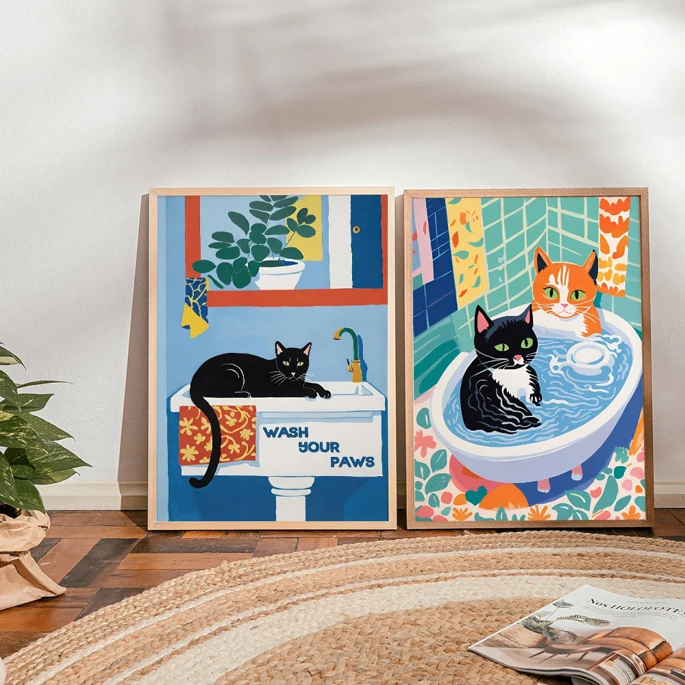 (No frame)Wash Your Paws Cat Poster Colorful and Whimsical Bathroom Feline Wall Art for Cat Lovers Prints Unique Y2k Apartmen