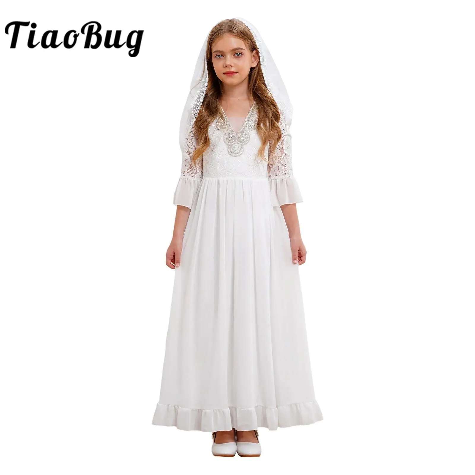 Kids Girld Flower Girl Dress with Mesh Veil Children Maxi Dress Formal Party Gown for Holy Communion Wedding Evenings Birthday