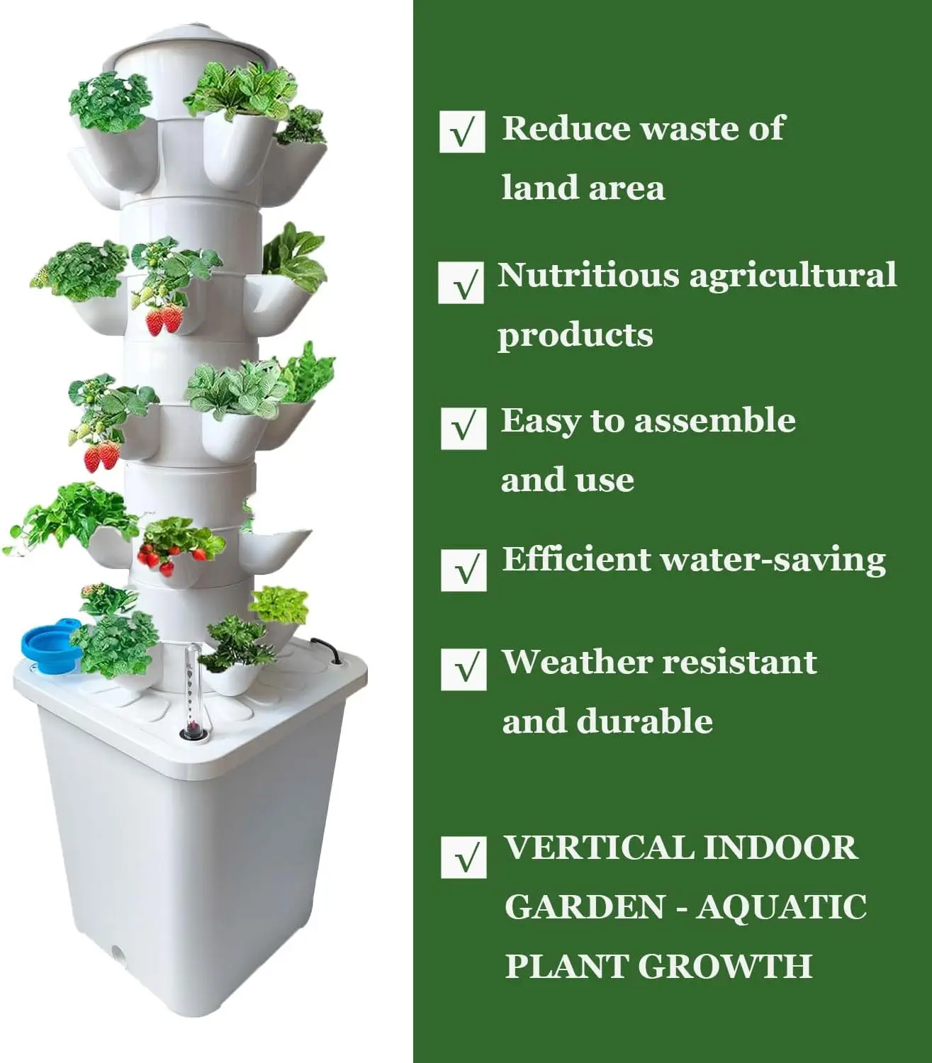 White Hydroponic Tower Garden Growing System Kit 5-Hole 5 Tiers 25 Plants with Timer Automatic Watering