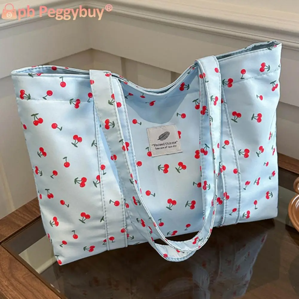 Cute Cherry Strawberry Print Casual Tote Bag Large Capacity Shopping Bag Nylon Top Handle Bag Grocery Bag for Women