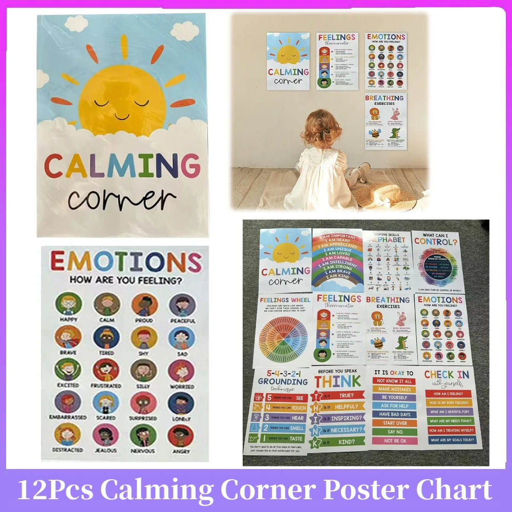 12 قطعة ملصقات زاوية مهدئة لمشاعر الفصول الدراسية مخطط عجلة والعواطف ملصق مشاعر عجلة ملصق لمكتب المدرسة
