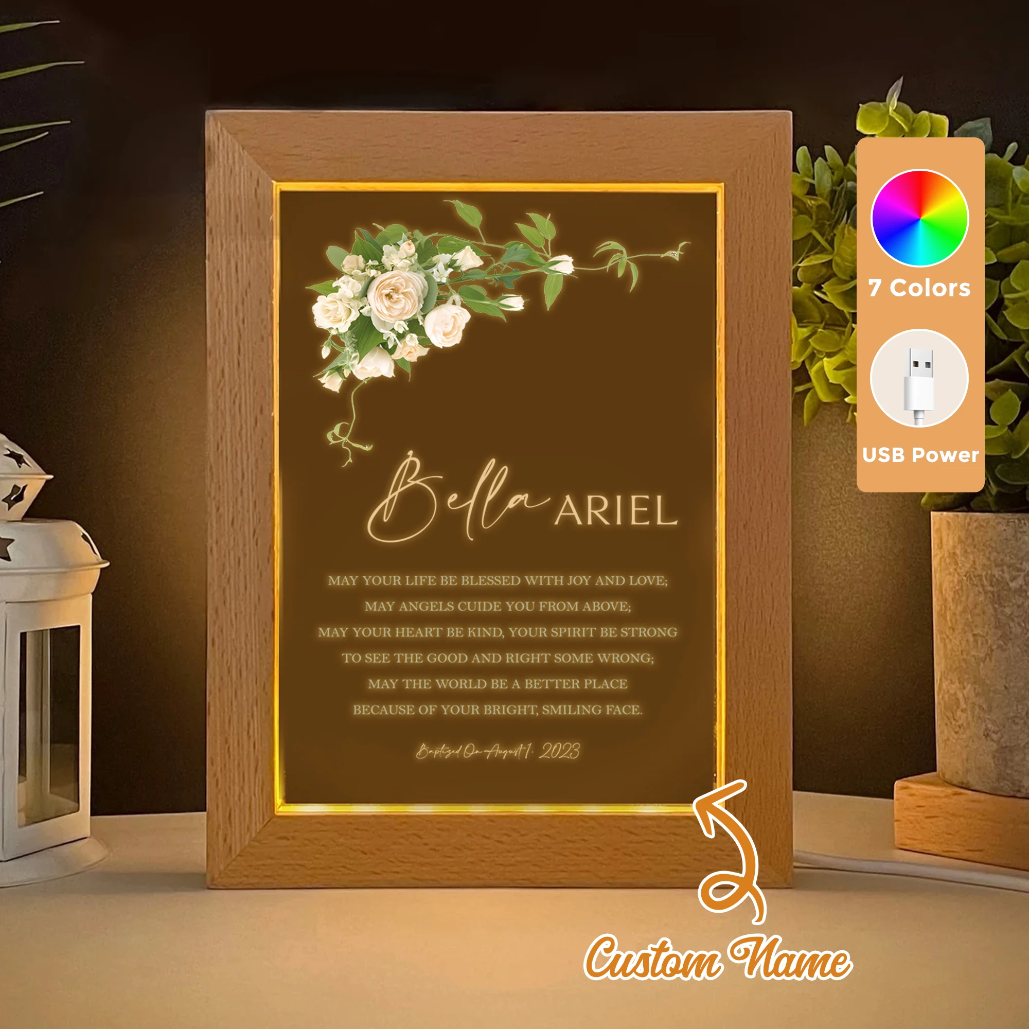 

2D Flat Custom Name Christian Faith LED Acrylic Night Light Wood Photo Frame 21x17cm Family Bedroom Gifts Home Decor